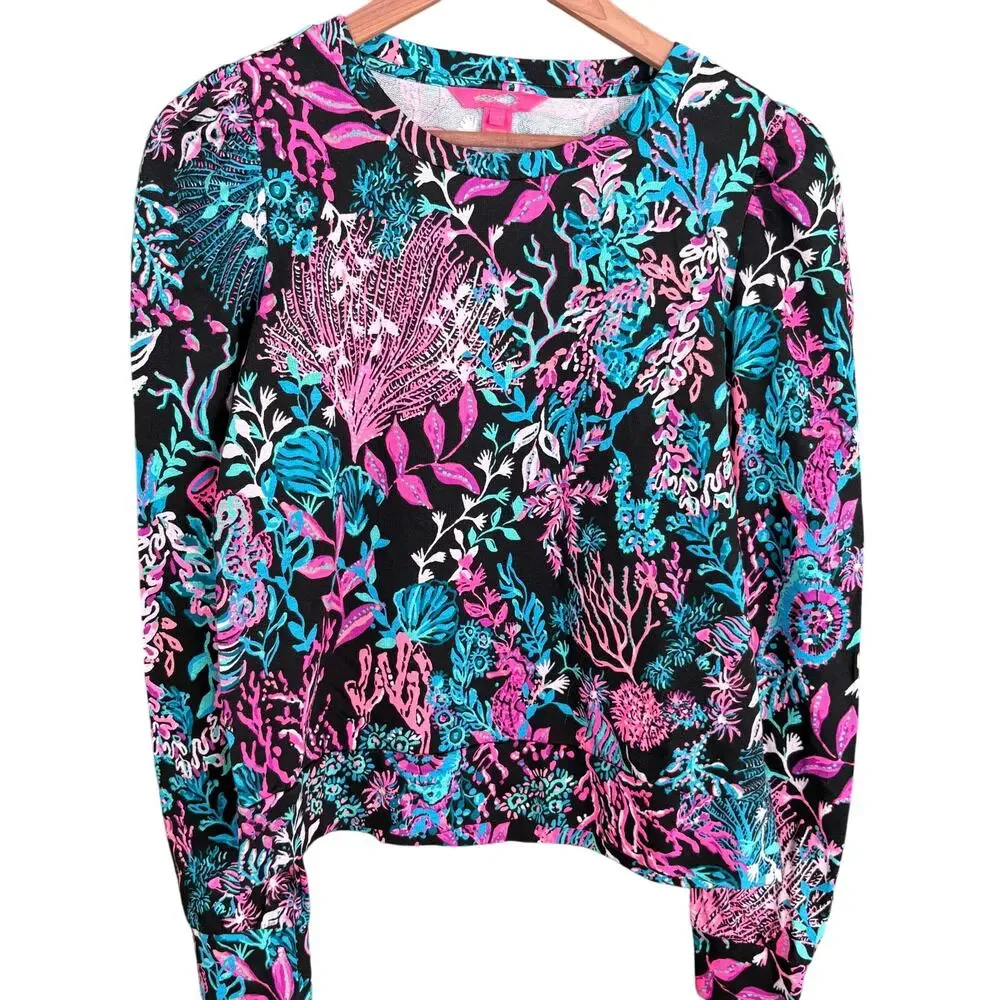 Lilly Pulitzer Jansen Sweatshirt S NWOT Onyx Twilight Coral Pink Blouse Coastal